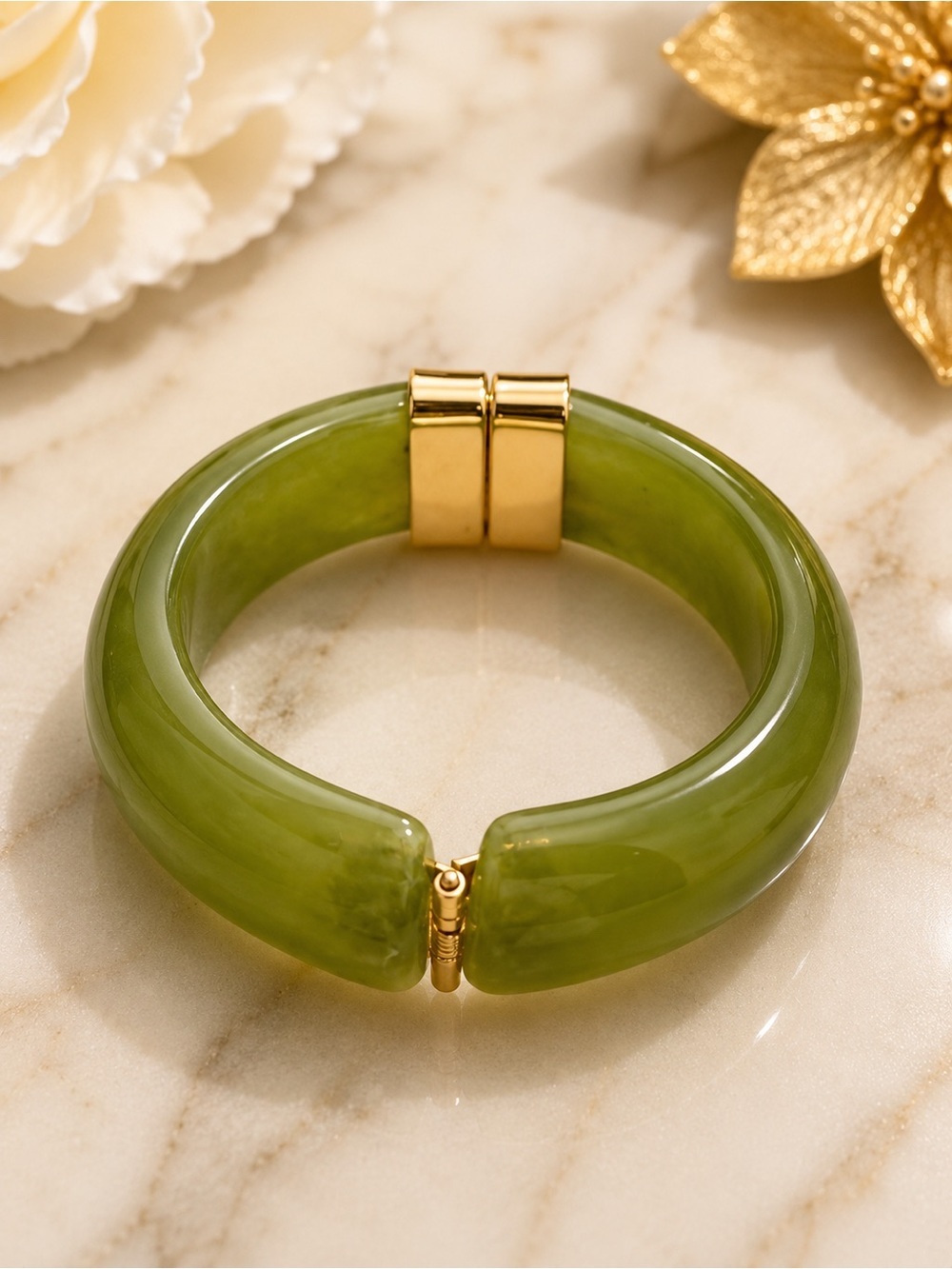 Jade Hinged Cuff Bracelet with Gold-Tone Accents - Picture 2 of 2